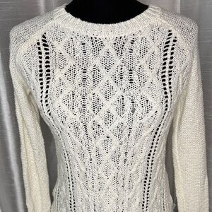 Kaisely Cable Knit Frayed Raw Hem Crew Neck Ivory Sweater Lightweight Women’s XS